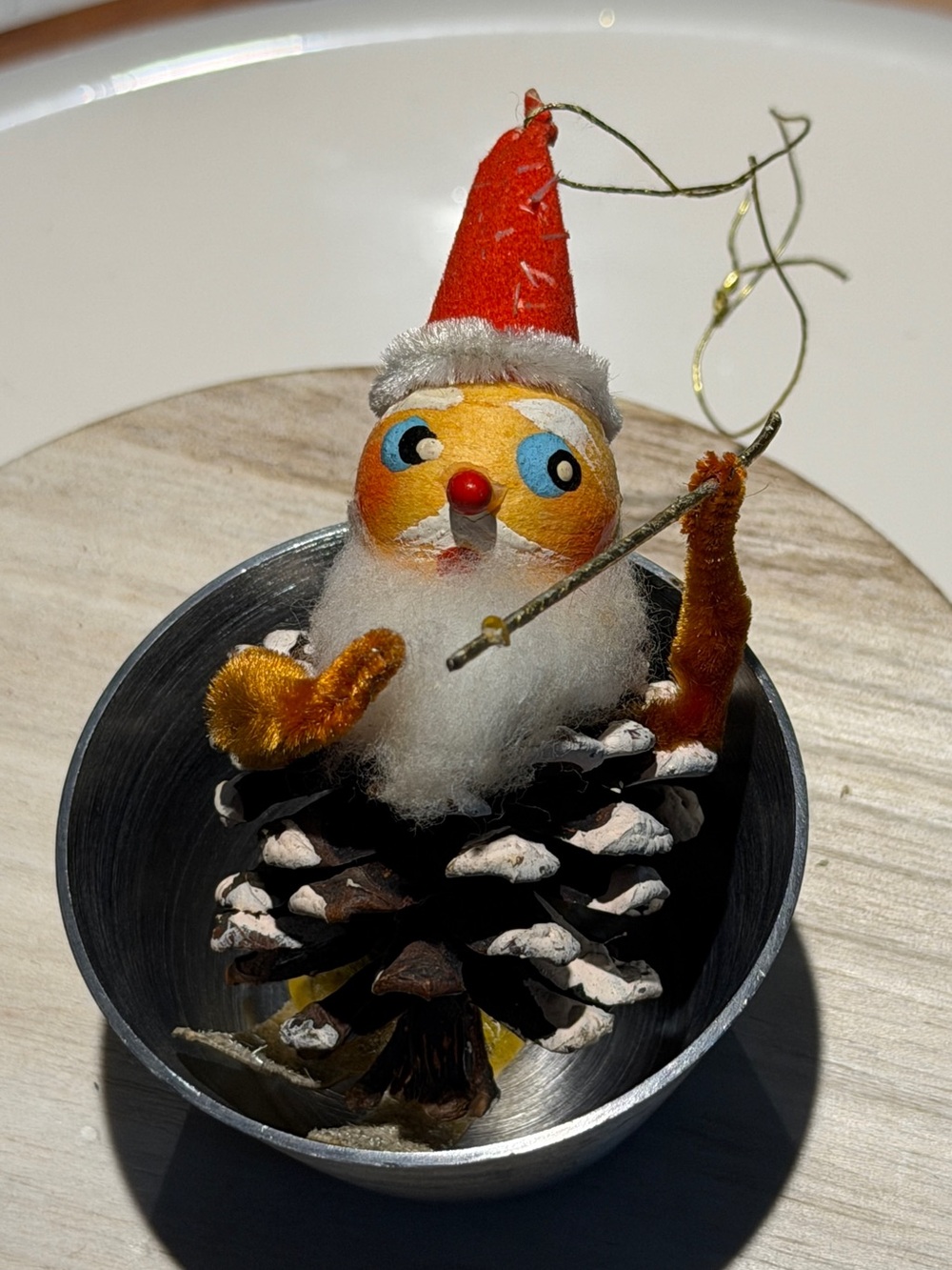 Vintage Antique Putz Pinecone Santa On Skis Ornament